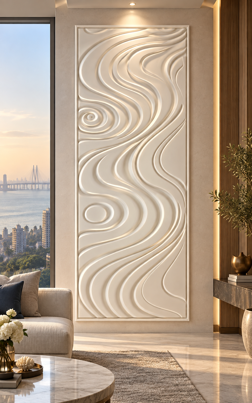 Twin Current Ribbons satin white Corian wall panel, front view in the Worli sea-view living room
