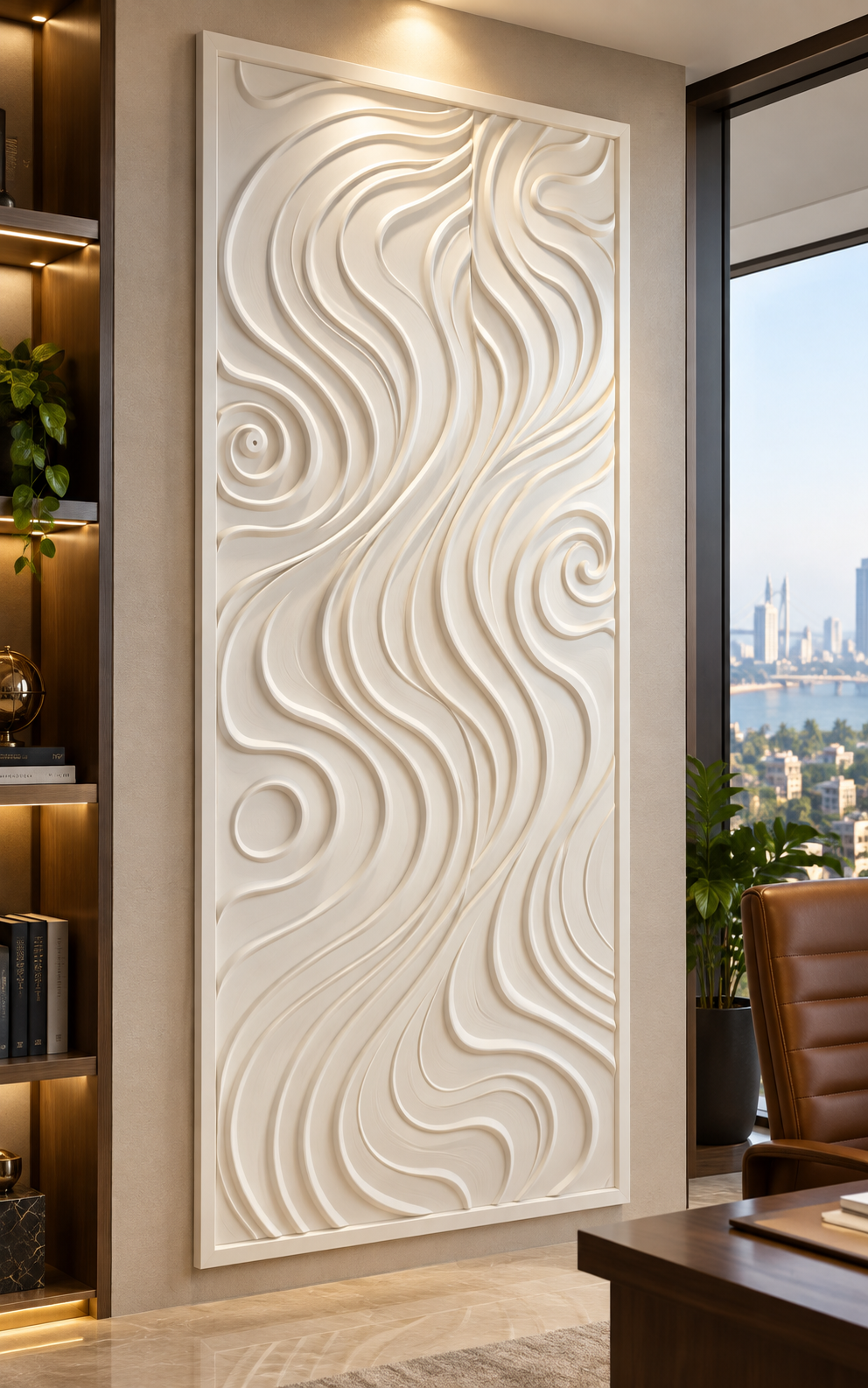 Twin Current Ribbons satin white Corian wall panel, left view in the Bandra executive study