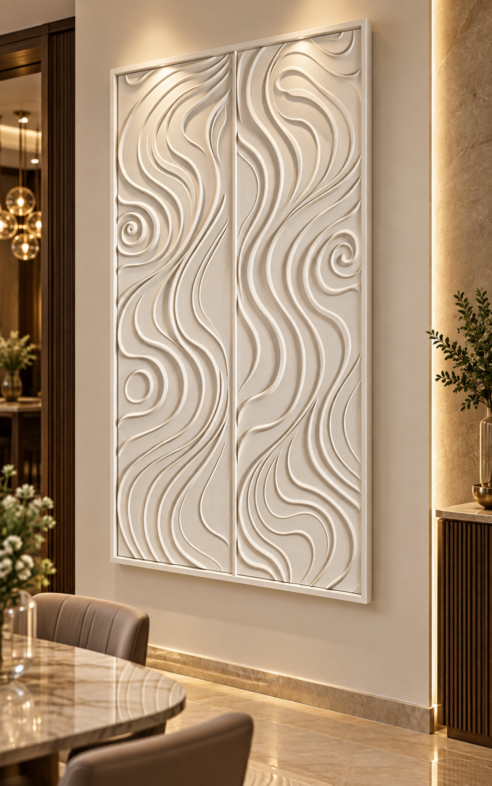 Twin Current Ribbons satin white Corian wall panel, right view in the Powai dining foyer