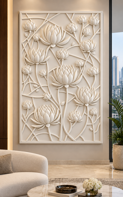 Lotus Lattice satin white Corian wall panel, front view in the Lower Parel living room