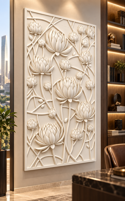 Lotus Lattice satin white Corian wall panel, left view in the BKC study gallery