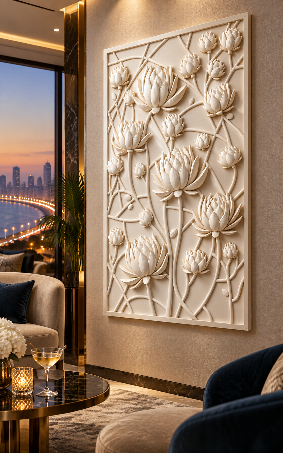 Lotus Lattice satin white Corian wall panel, right view in the Marine Drive cocktail salon