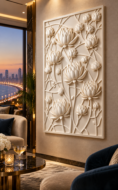 Lotus Lattice satin white Corian wall panel, right view in the Marine Drive cocktail salon
