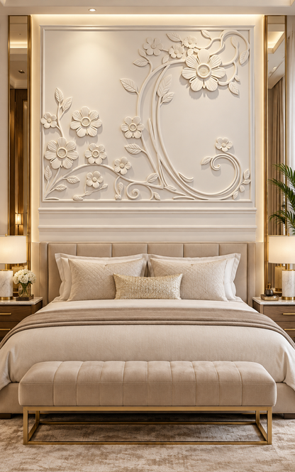 Floral Corner Flourish satin white Corian wall panel, front view in the Juhu master bedroom
