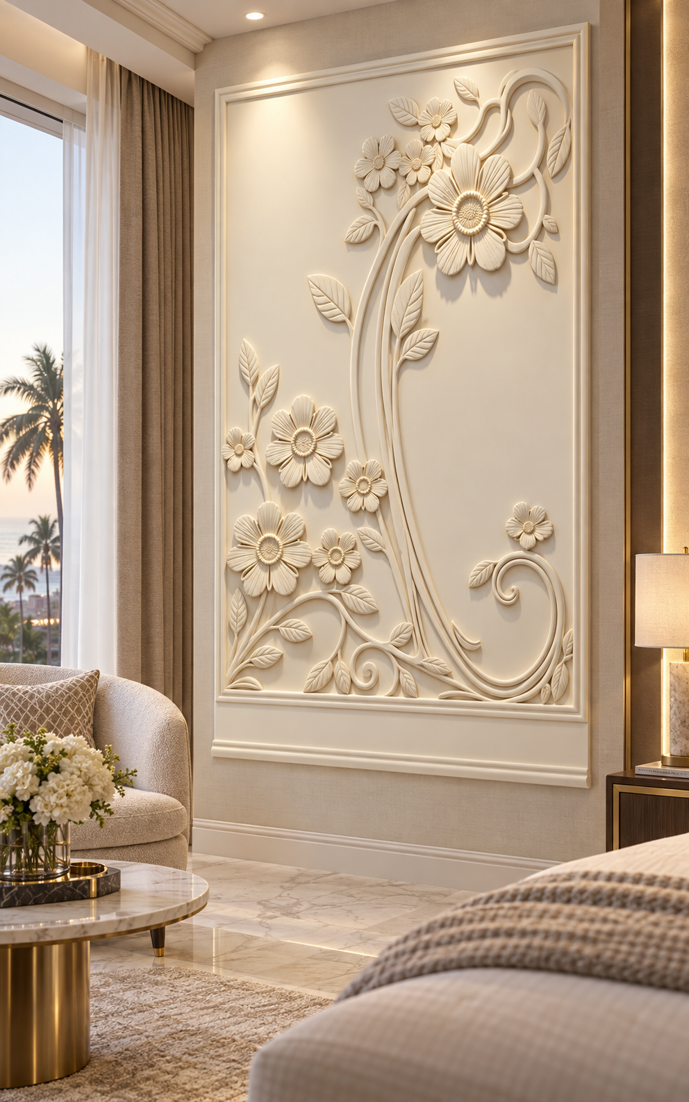 Floral Corner Flourish satin white Corian wall panel, left view in the Malabar Hill reading lounge
