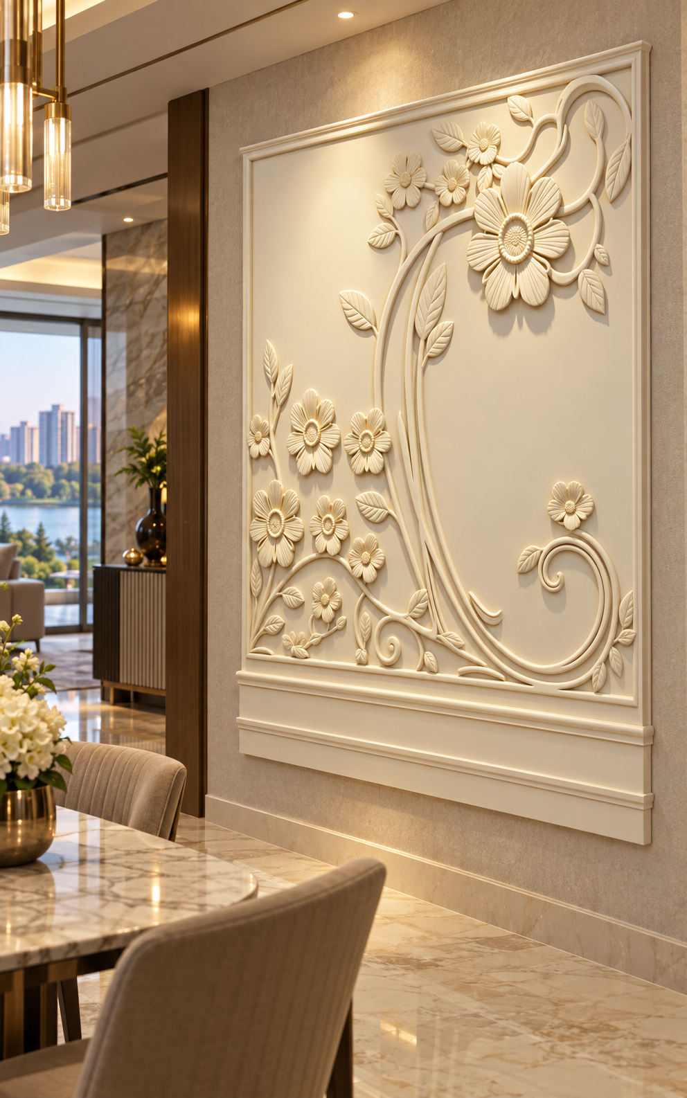 Floral Corner Flourish satin white Corian wall panel, right view in the Powai dining foyer