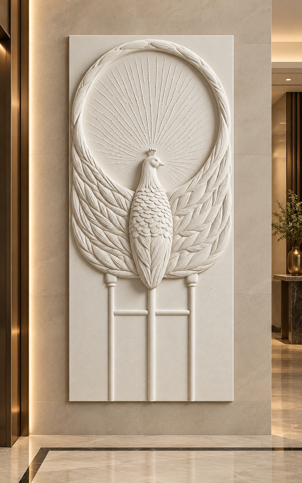 Peacock Fan Arch satin white Corian wall panel, front view in the Worli entrance hall