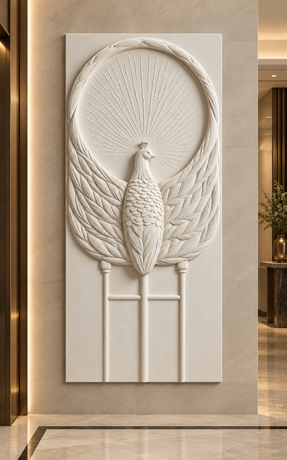 Peacock Fan Arch satin white Corian wall panel, front view in the Worli entrance hall