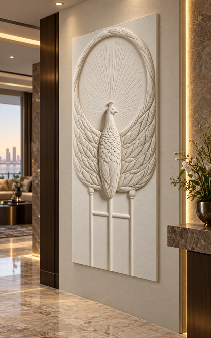 Peacock Fan Arch satin white Corian wall panel, left view in the Bandra formal lounge