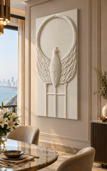 Peacock Fan Arch satin white Corian wall panel, right view in the South Mumbai dining salon