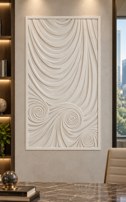 Spiral Current Field satin white Corian wall panel, front view in the BKC study lounge