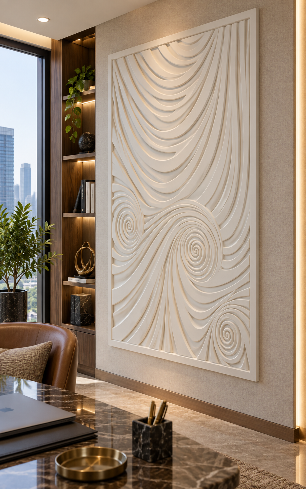 Spiral Current Field satin white Corian wall panel, left view in the Marine Drive dining alcove