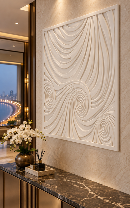 Spiral Current Field satin white Corian wall panel, right view in the Powai bedroom vestibule