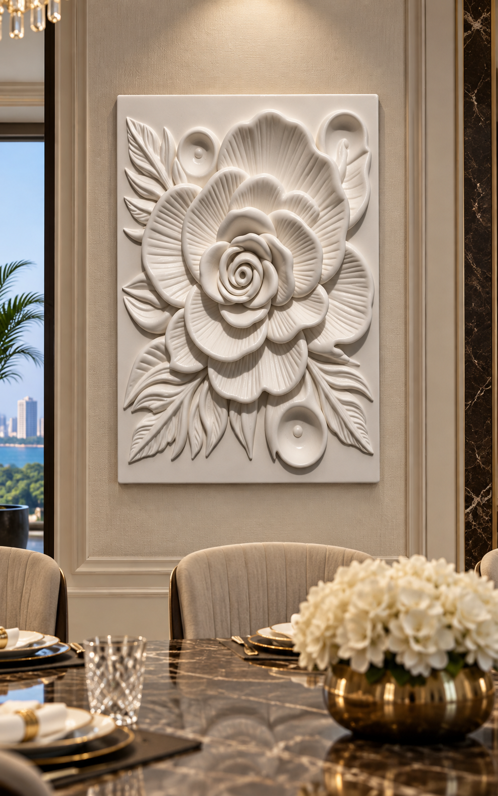 Layered Rose Bloom satin white Corian wall panel, front view in the Juhu dining foyer
