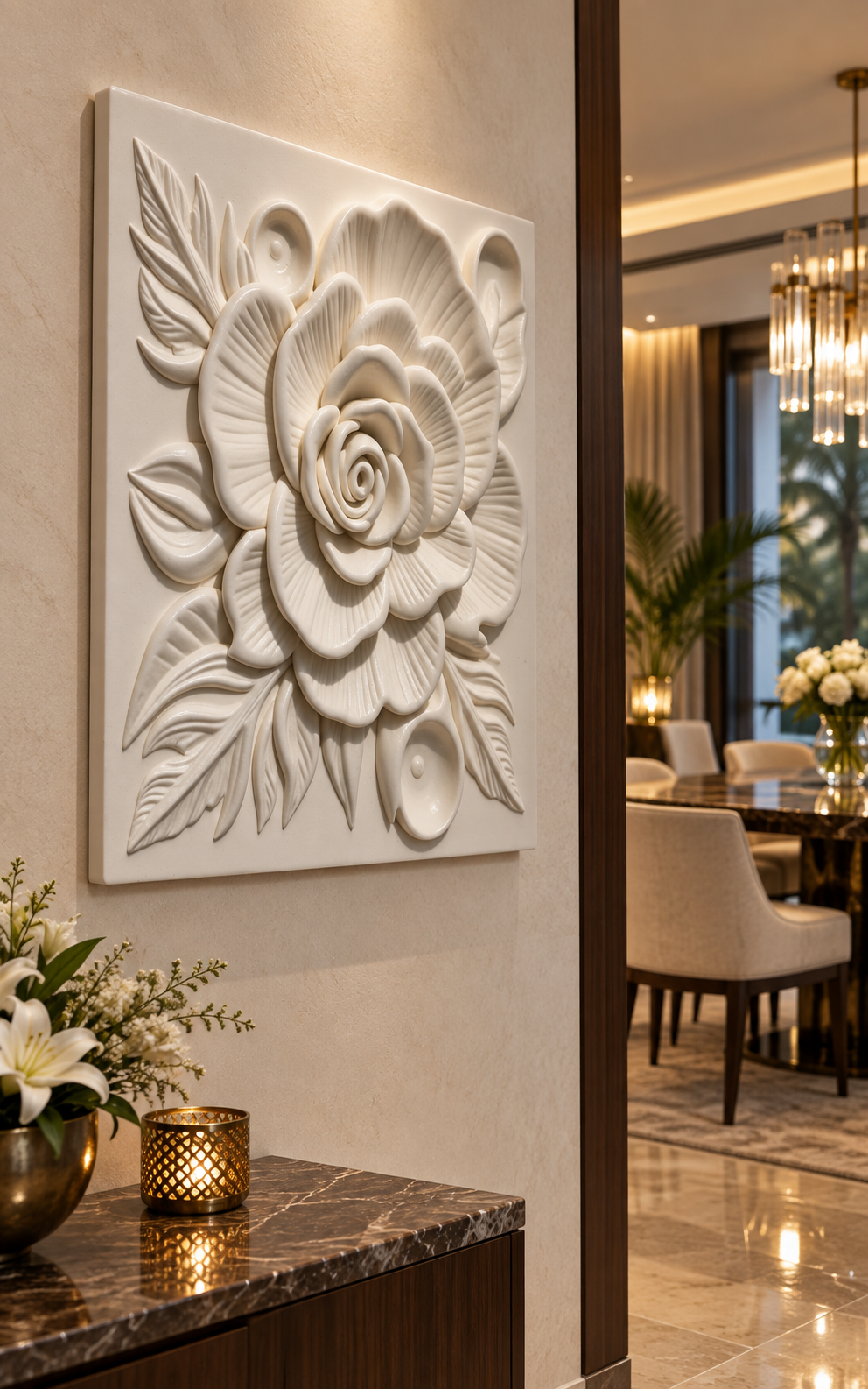 Layered Rose Bloom satin white Corian wall panel, left view in the Malabar Hill bedroom lounge