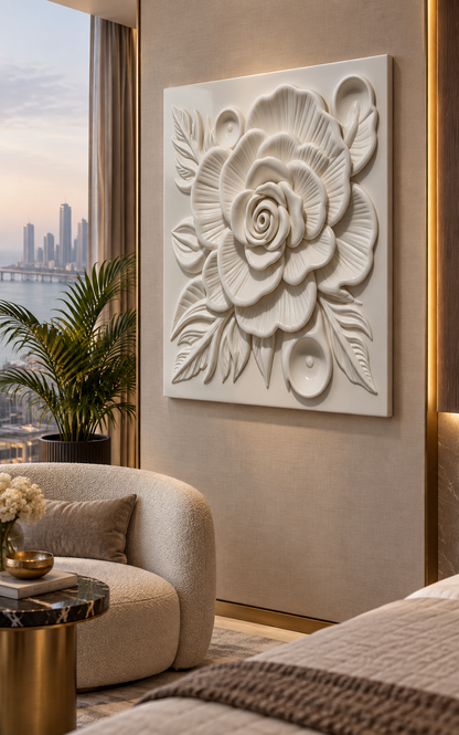 Layered Rose Bloom satin white Corian wall panel, right view in the Worli dressing area