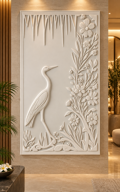 Heron Garden satin white Corian wall panel, front view in the Malabar Hill living room