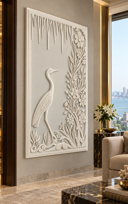 Heron Garden satin white Corian wall panel, left view in the Juhu entrance gallery