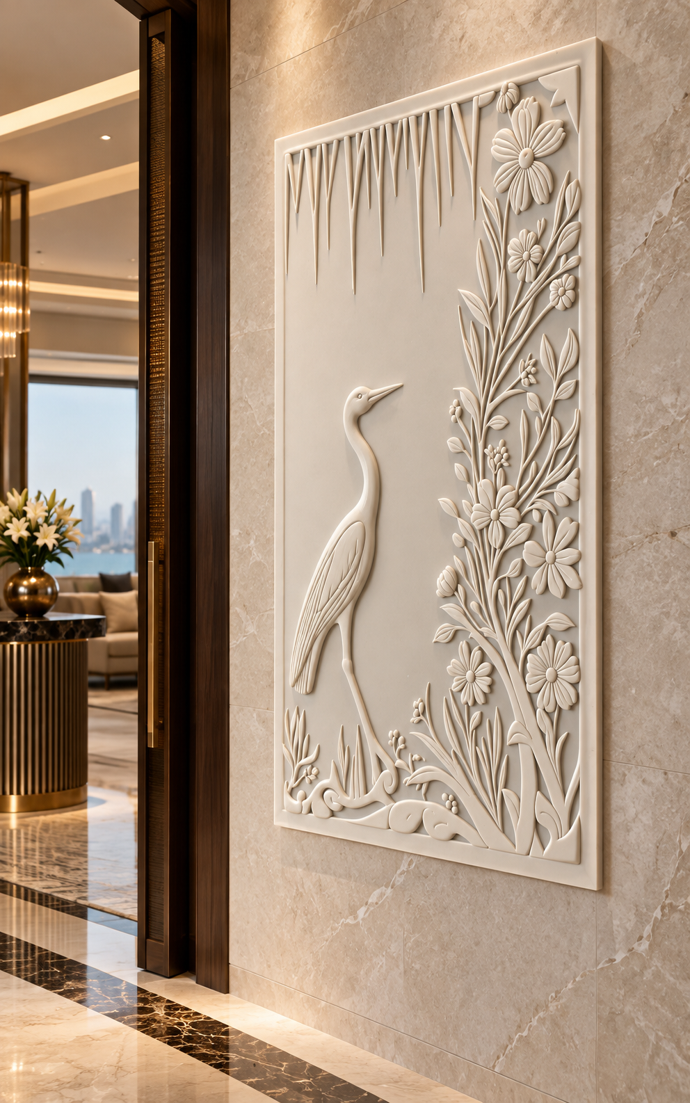 Heron Garden satin white Corian wall panel, right view in the Peddar Road dining alcove