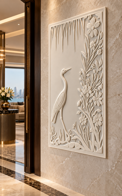 Heron Garden satin white Corian wall panel, right view in the Peddar Road dining alcove