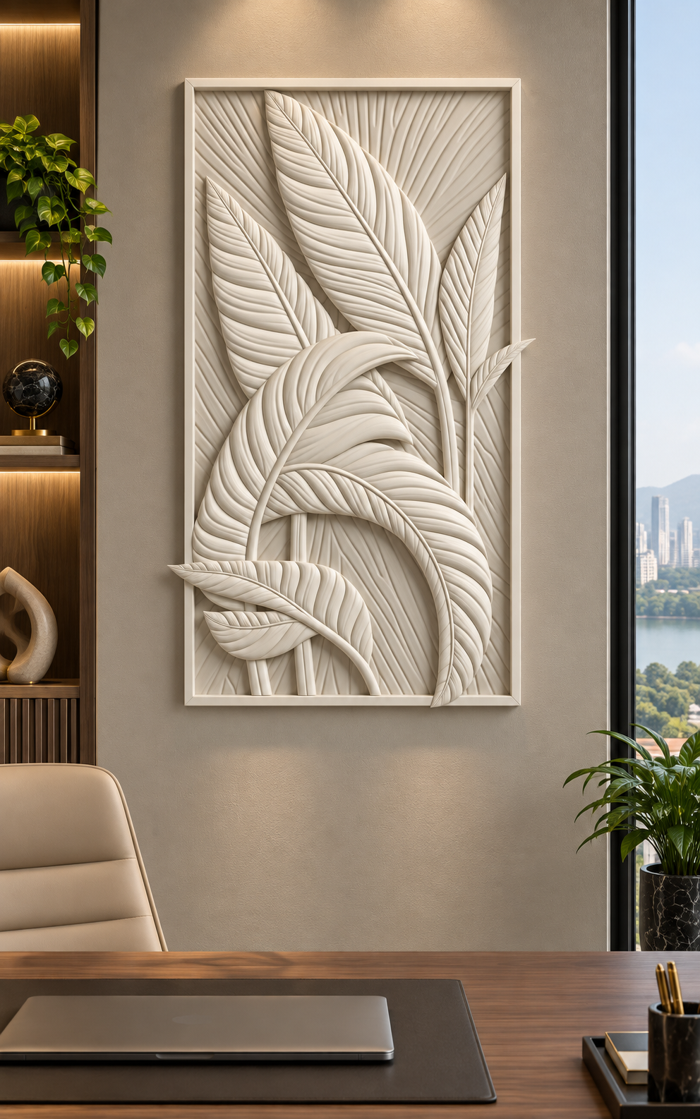 Tropical Leaf Cascade satin white Corian wall panel, front view in the Powai design-led home office