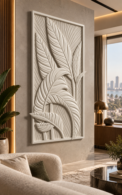 Tropical Leaf Cascade satin white Corian wall panel, left view in the Bandra media lounge