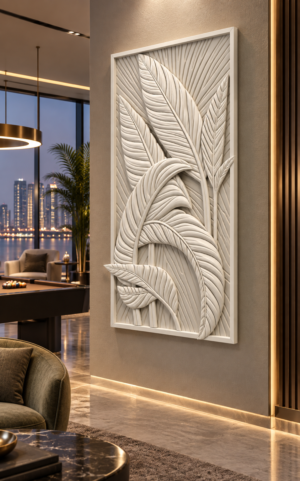 Tropical Leaf Cascade satin white Corian wall panel, right view in the Worli games lounge