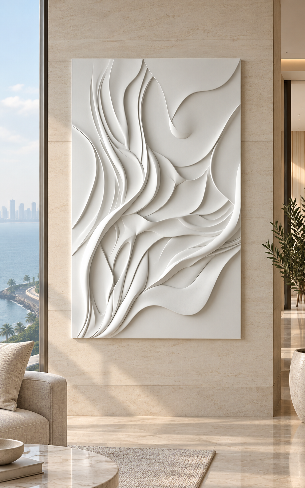 Biomorphic Folded Nexus Corian Wall Panel, front view in the Worli sea-view living room