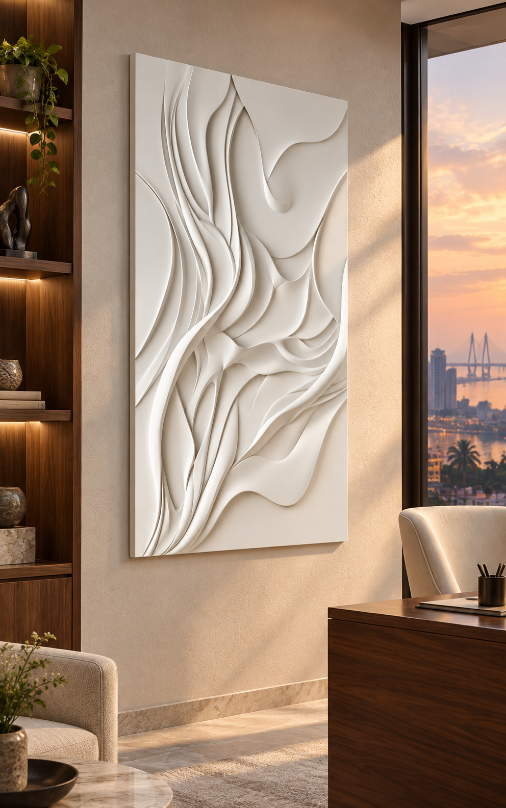 Biomorphic Folded Nexus Corian Wall Panel, left view in the Bandra executive study