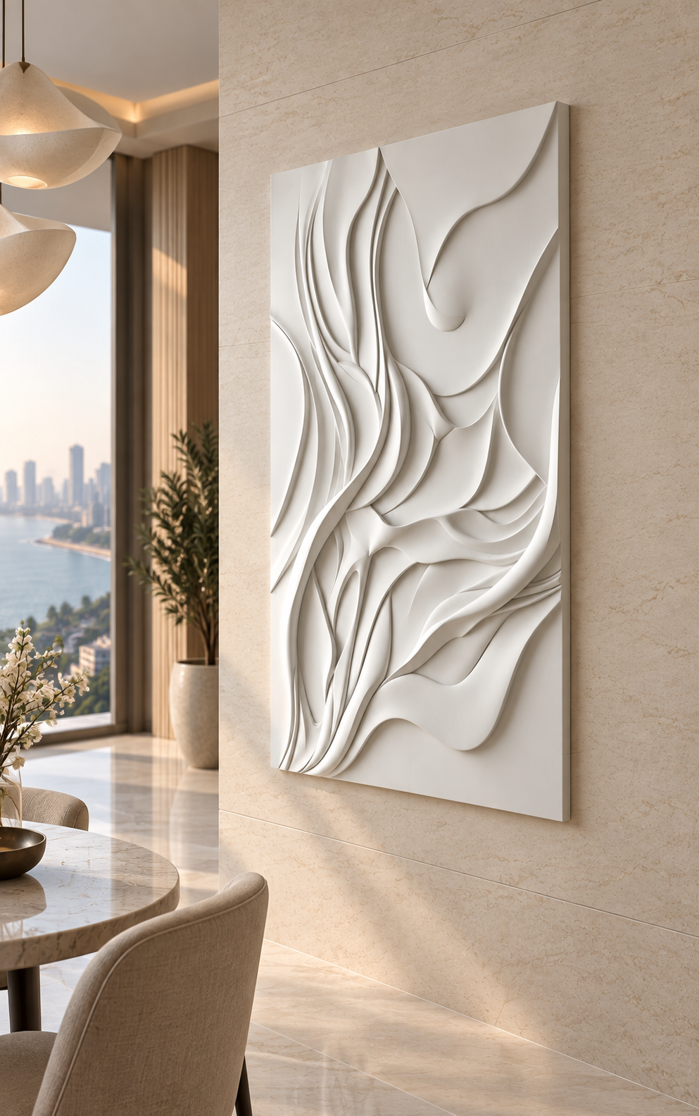 Biomorphic Folded Nexus Corian Wall Panel, right view in the Malabar Hill dining foyer