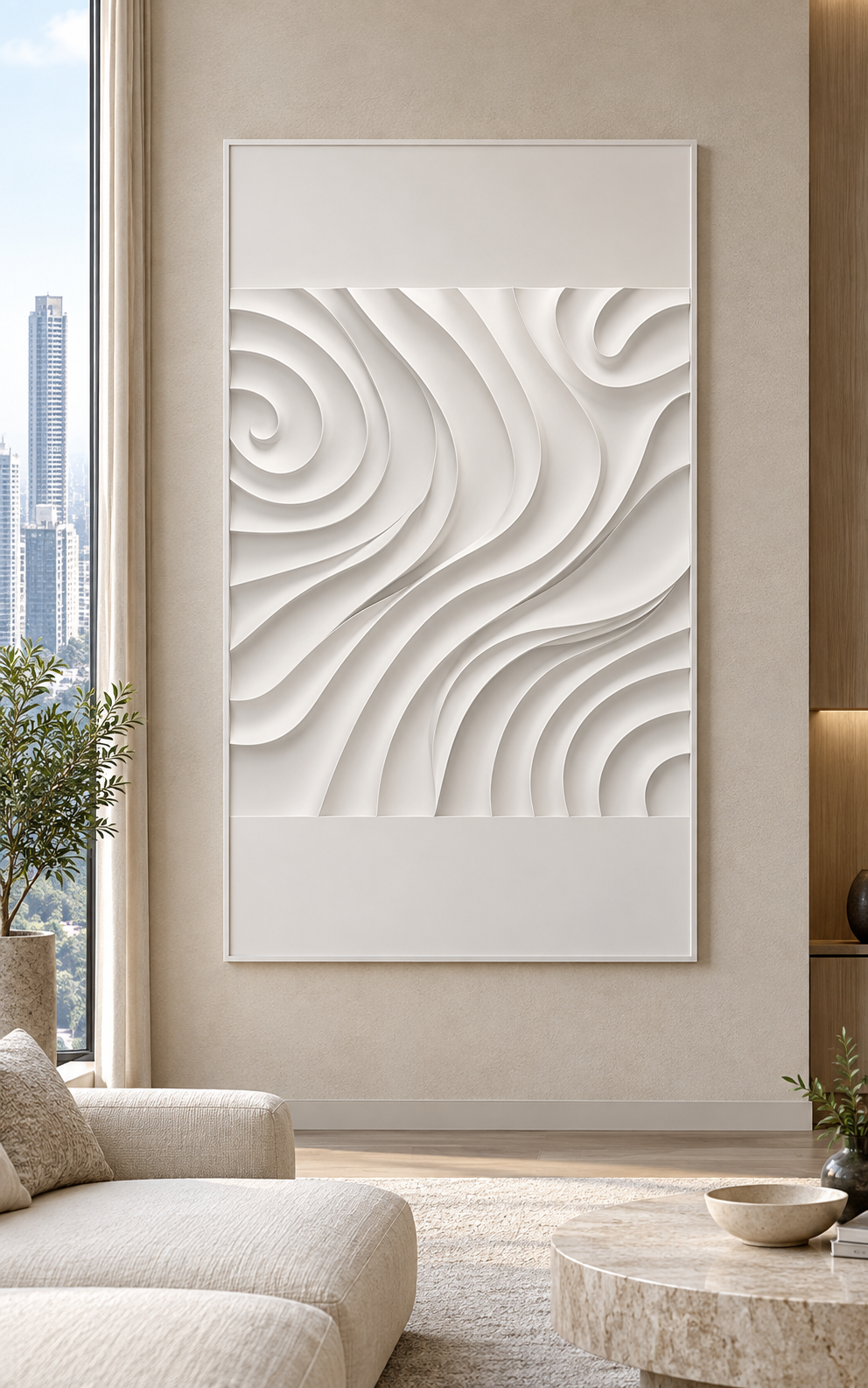 Quadrant Arc Mosaic Corian Wall Panel, front view in the Lower Parel high-rise living room