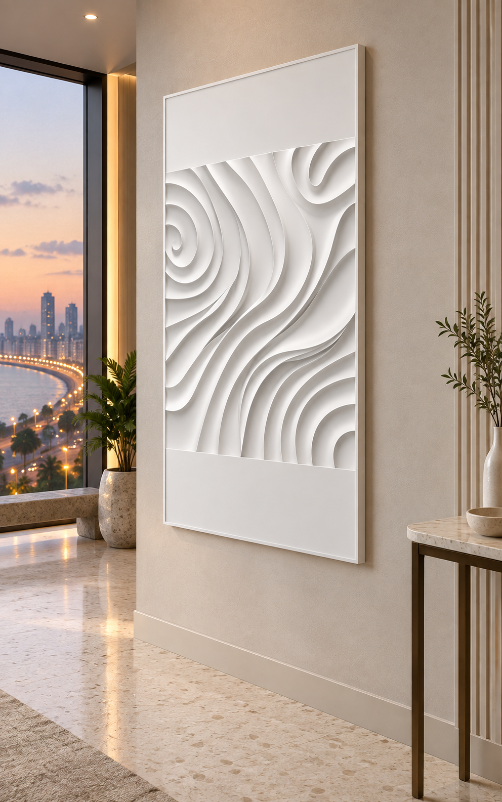Quadrant Arc Mosaic Corian Wall Panel, right view in the Marine Drive entrance gallery
