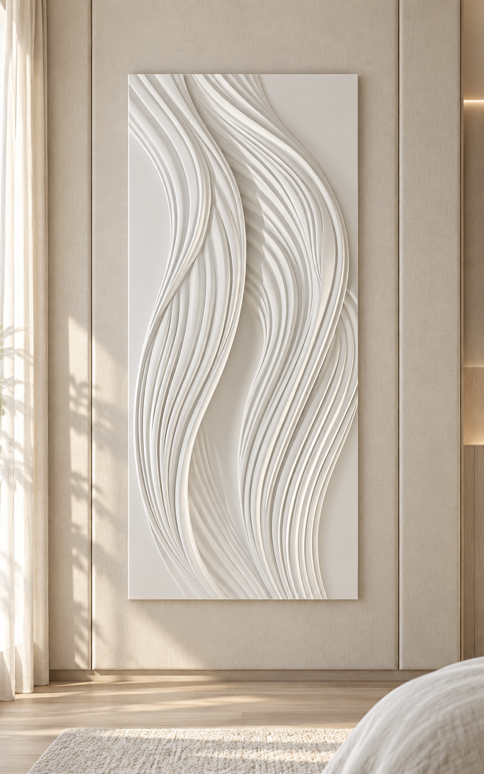 Vertical Ribbon Drift Corian Wall Panel, front view in the Juhu master bedroom