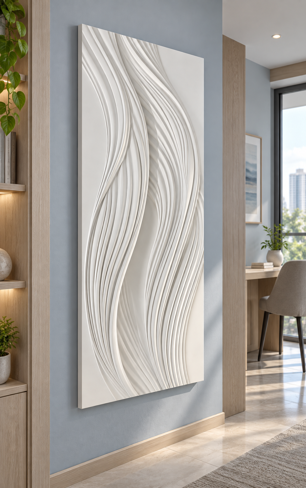 Vertical Ribbon Drift Corian Wall Panel, left view in the Powai study passage