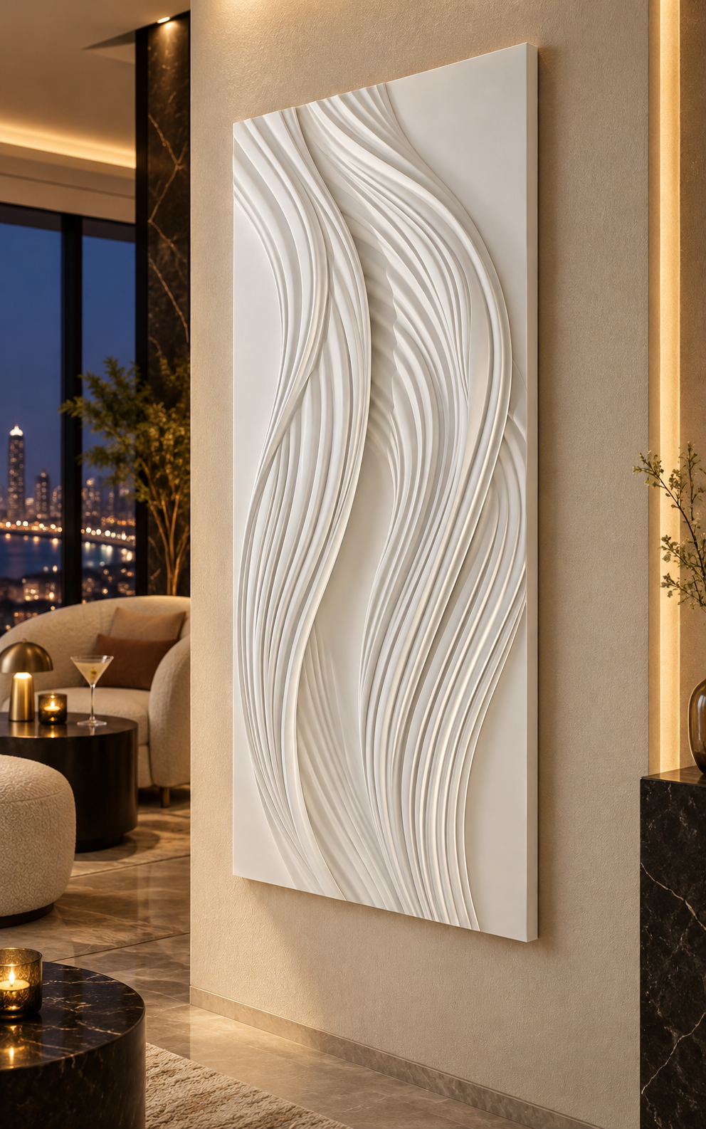 Vertical Ribbon Drift Corian Wall Panel, right view in the Worli cocktail lounge
