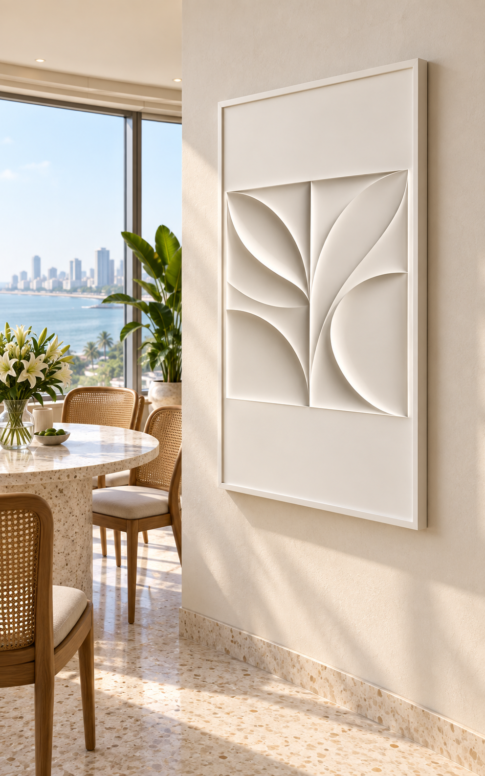 Four-Petal Aperture Corian Wall Panel, left view in the Cuffe Parade breakfast lounge