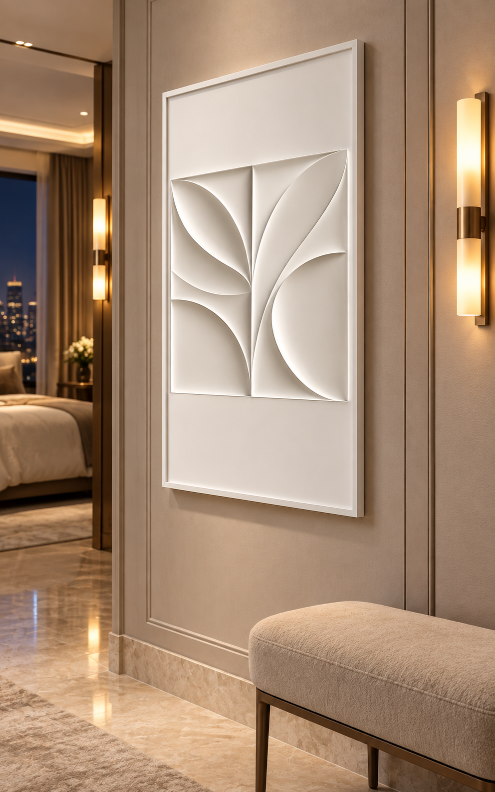 Four-Petal Aperture Corian Wall Panel, right view in the Peddar Road bedroom vestibule