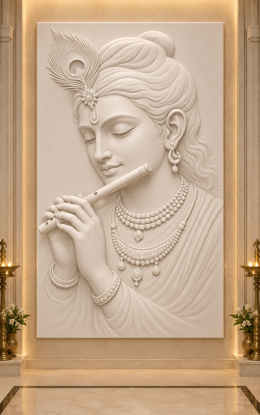 Krishna Flute Serenity Corian Wall Panel, front view in the Walkeshwar puja-room entrance