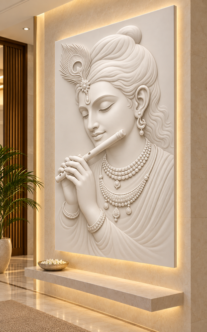 Krishna Flute Serenity Corian Wall Panel, right view in the South Mumbai devotional foyer