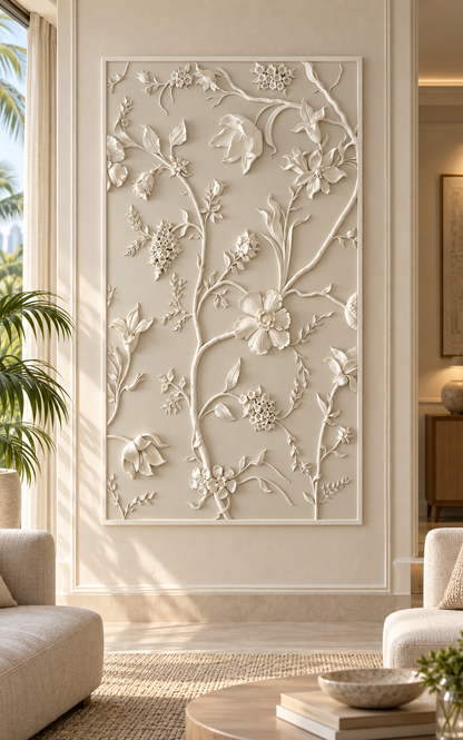 Blossom Branch Tapestry Corian Wall Panel, front view in the Juhu drawing room