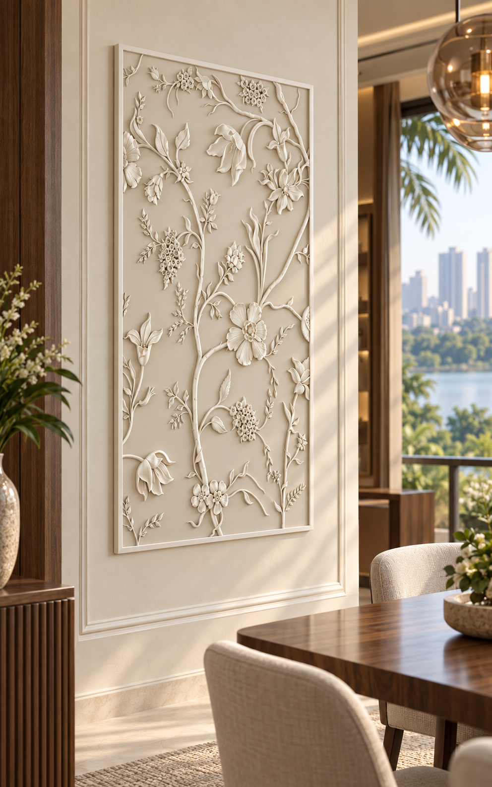 Blossom Branch Tapestry Corian Wall Panel, left view in the Powai dining lounge