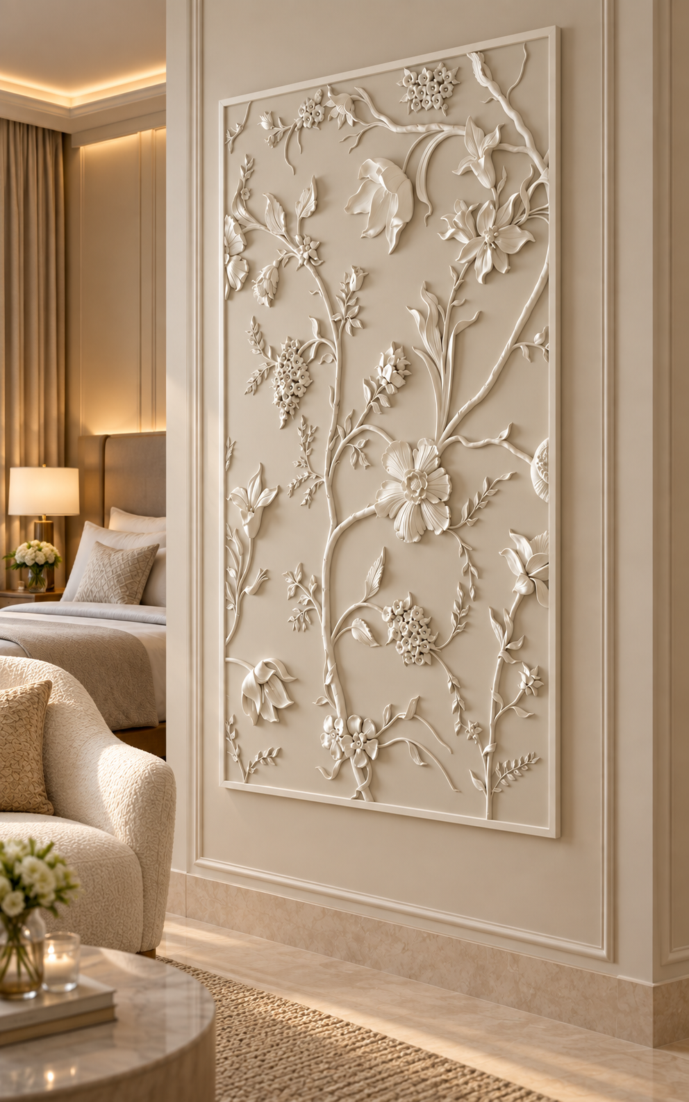 Blossom Branch Tapestry Corian Wall Panel, right view in the Bandra bedroom sitting area