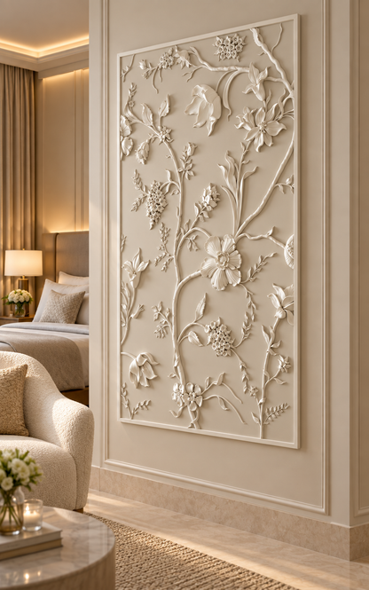 Blossom Branch Tapestry Corian Wall Panel, right view in the Bandra bedroom sitting area