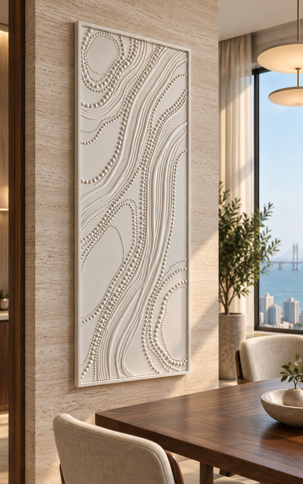 Beaded S-Current Corian Wall Panel, left view in the Worli dining alcove