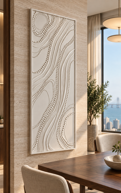 Beaded S-Current Corian Wall Panel, left view in the Worli dining alcove
