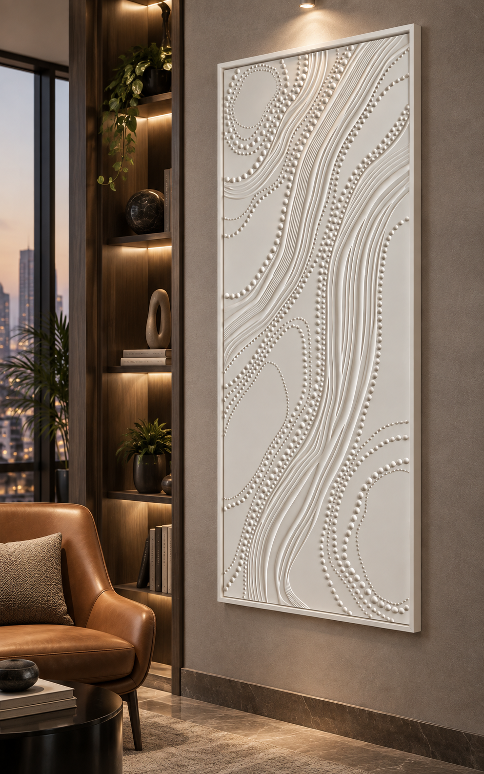 Beaded S-Current Corian Wall Panel, right view in the Lower Parel library lounge