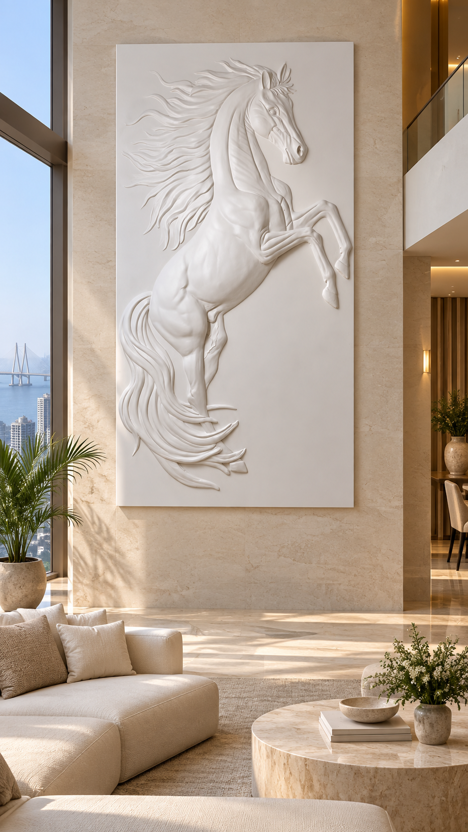 Windcrest Stallion Corian Wall Panel, front view in the Worli double-height living room
