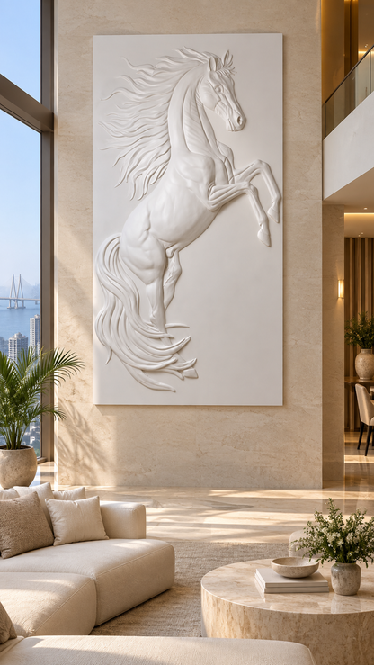 Windcrest Stallion Corian Wall Panel, front view in the Worli double-height living room