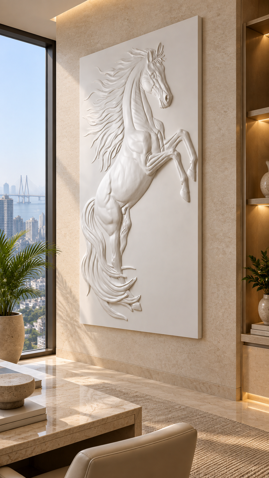 Windcrest Stallion Corian Wall Panel, left view in the BKC executive study