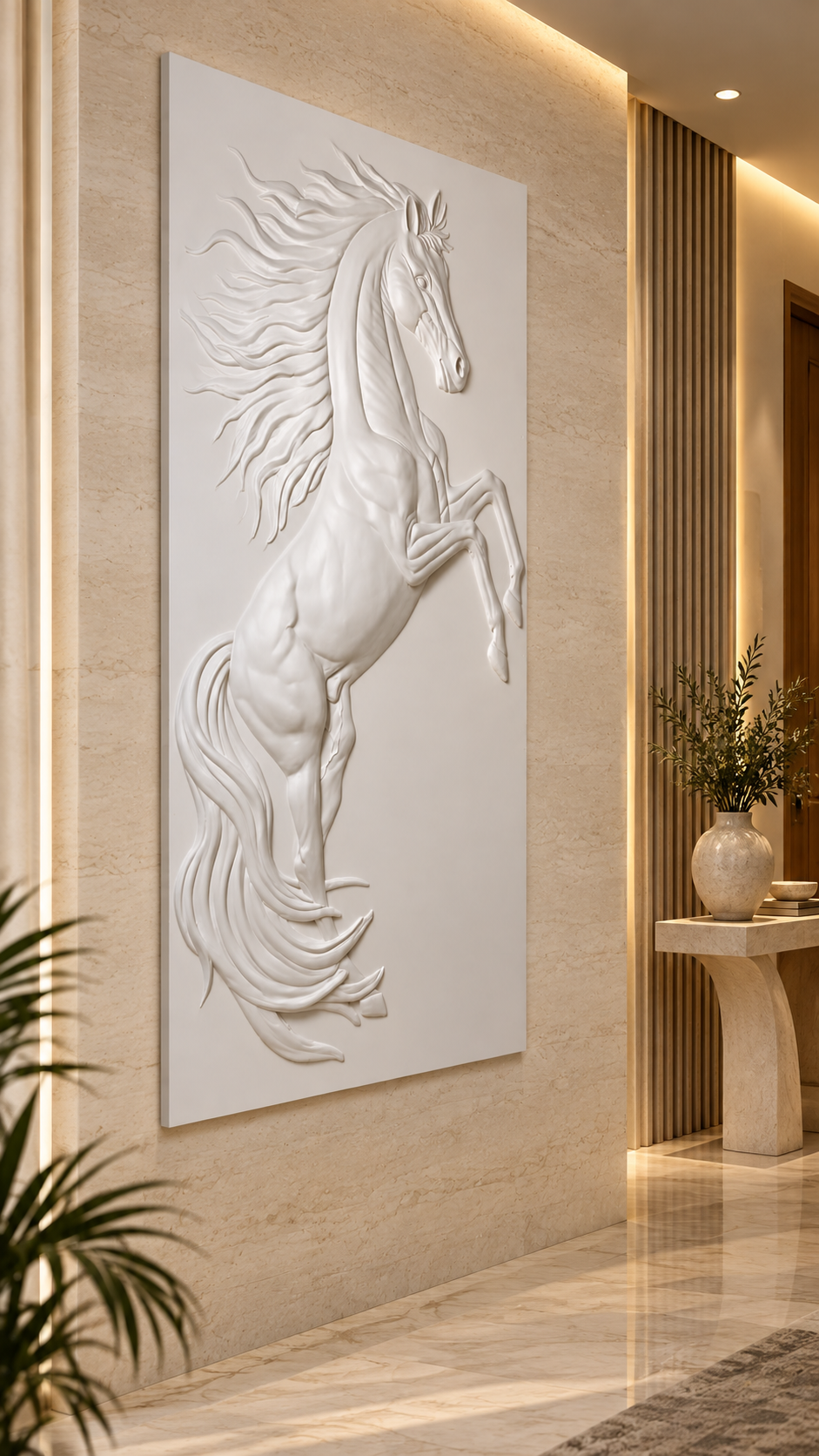 Windcrest Stallion Corian Wall Panel, right view in the Malabar Hill entrance gallery